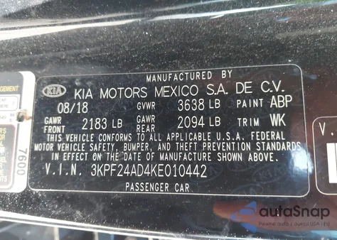 2019 Kia Forte Fe z USA, uszkodzony, nr VIN 3KPF24AD4KE010442